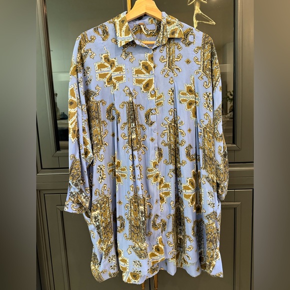 Free People Other - Free People Light Blue and Gold Patterned Button-Down Tunic/Mini